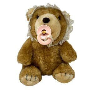 Vtg 80s Emson Brown Bear Cub Plush Pacifier Bonnet Stuffed Animal Collector READ